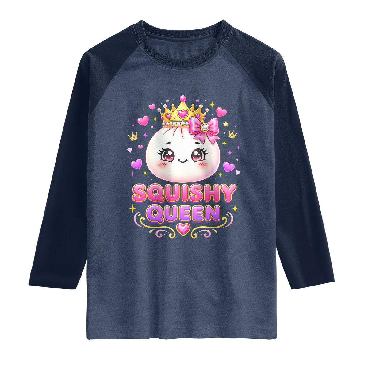 Squishy Queen Kawaii Glitter Dumpling Graphic Raglan Shirt Cute Tiara Crown and Pink Bow