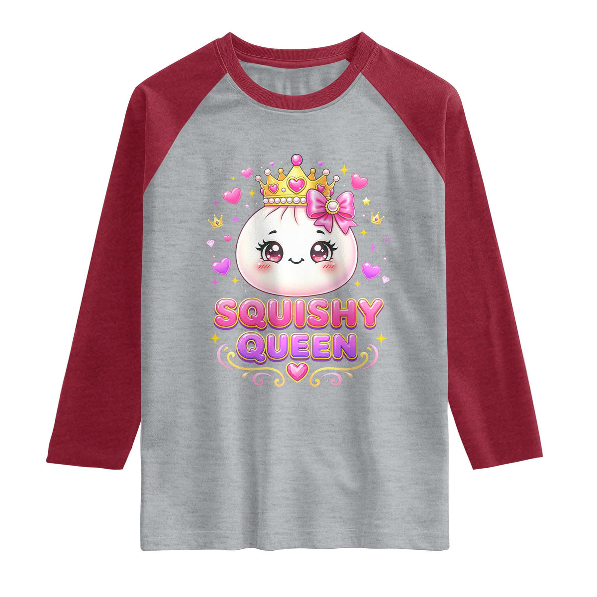 Squishy Queen Kawaii Glitter Dumpling Graphic Raglan Shirt Cute Tiara Crown and Pink Bow