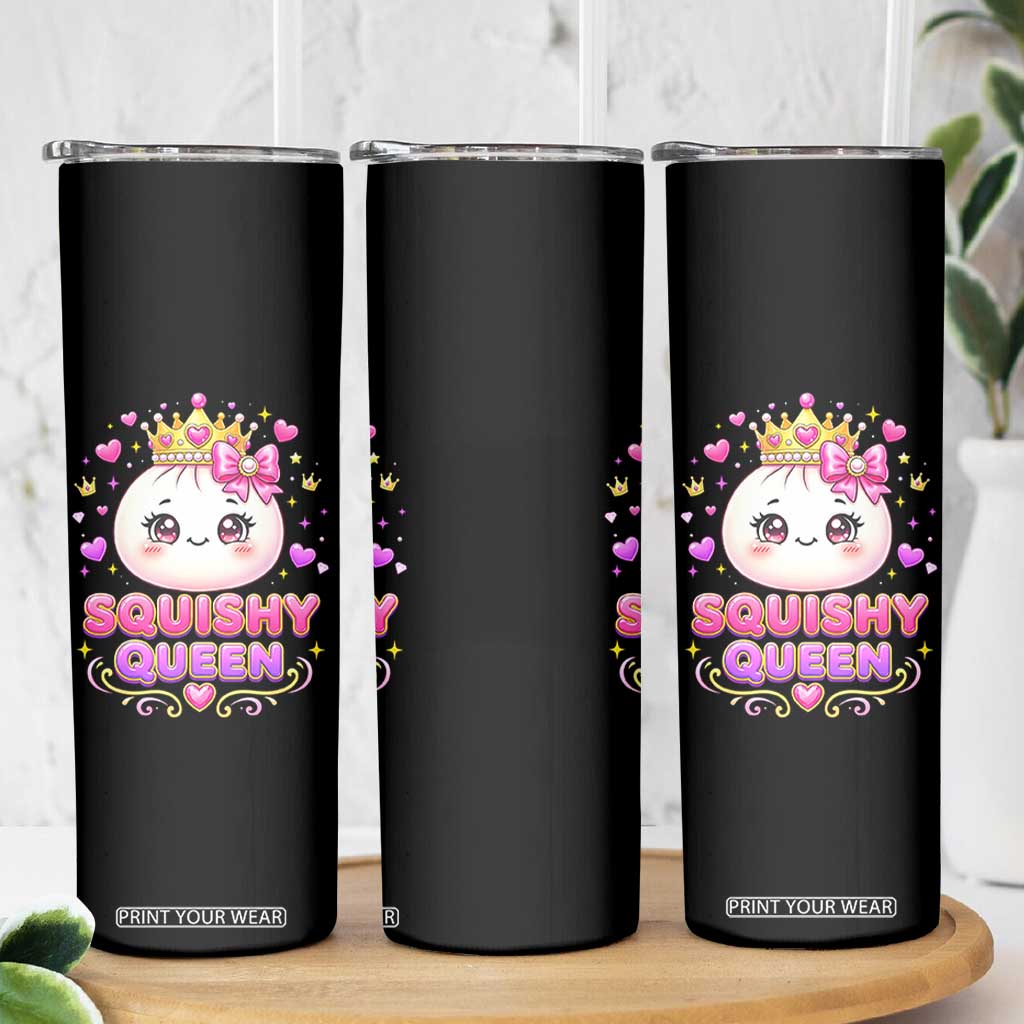 Squishy Queen Kawaii Glitter Dumpling Graphic Skinny Tumbler Cute Tiara Crown and Pink Bow