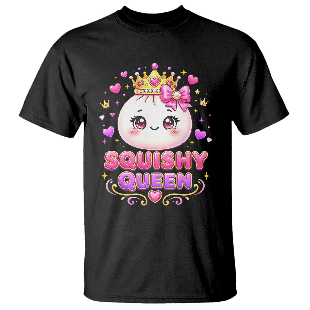 Squishy Queen Kawaii Glitter Dumpling Graphic T Shirt Cute Tiara Crown and Pink Bow