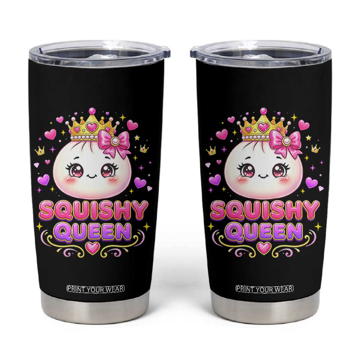 Squishy Queen Kawaii Glitter Dumpling Graphic Tumbler Cup Cute Tiara Crown and Pink Bow
