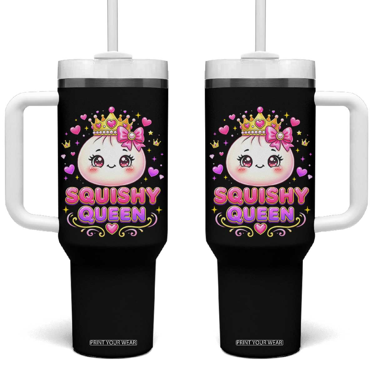 Squishy Queen Kawaii Glitter Dumpling Graphic Tumbler With Handle Cute Tiara Crown and Pink Bow