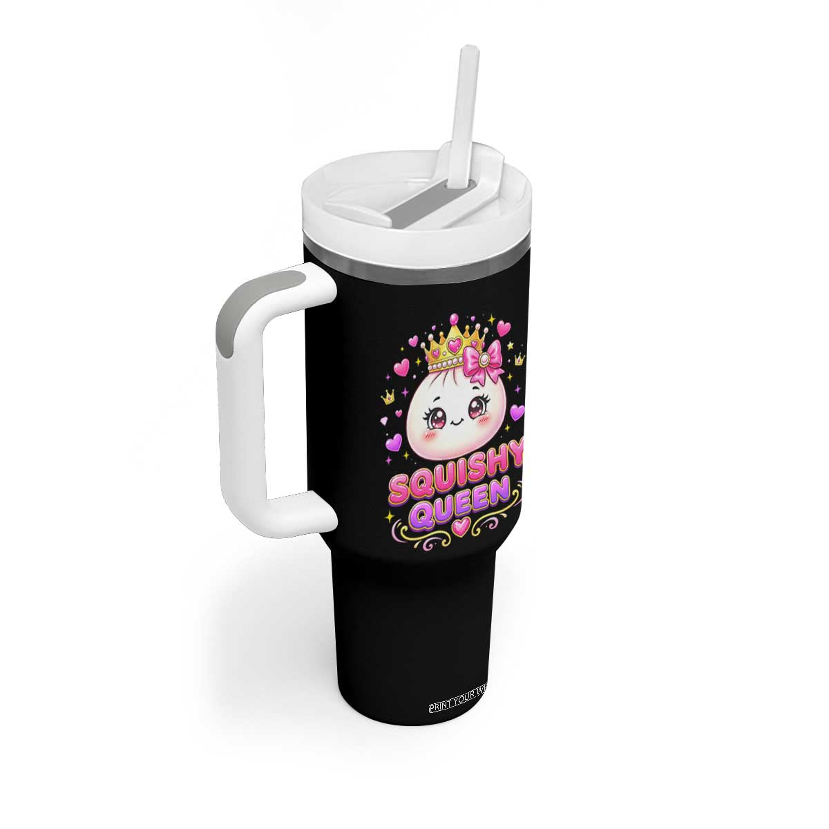 Squishy Queen Kawaii Glitter Dumpling Graphic Tumbler With Handle Cute Tiara Crown and Pink Bow