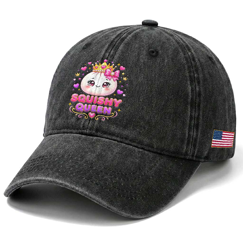 Squishy Queen Kawaii Glitter Dumpling Graphic Washed Cotton Baseball Cap Cute Tiara Crown and Pink Bow