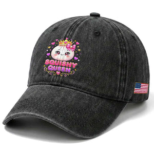 Squishy Queen Kawaii Glitter Dumpling Graphic Washed Cotton Baseball Cap Cute Tiara Crown and Pink Bow