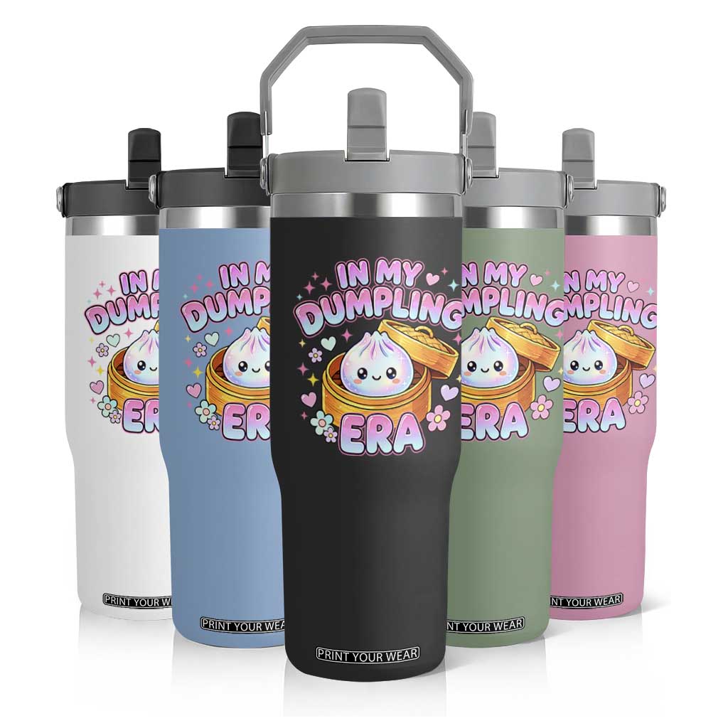 In My Dumpling Era Kawaii Pastel Graphic Flip Straw Tumbler Retro Groovy Glitter Bao Steamer Basket