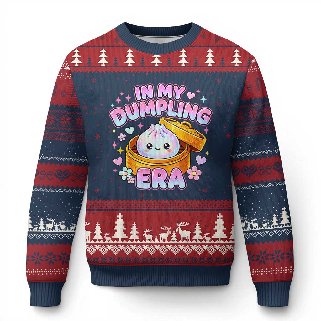 In My Dumpling Era Kawaii Pastel Graphic Ugly Christmas Sweater Retro Groovy Glitter Bao Steamer Basket TS02 Navy Red Print Your Wear