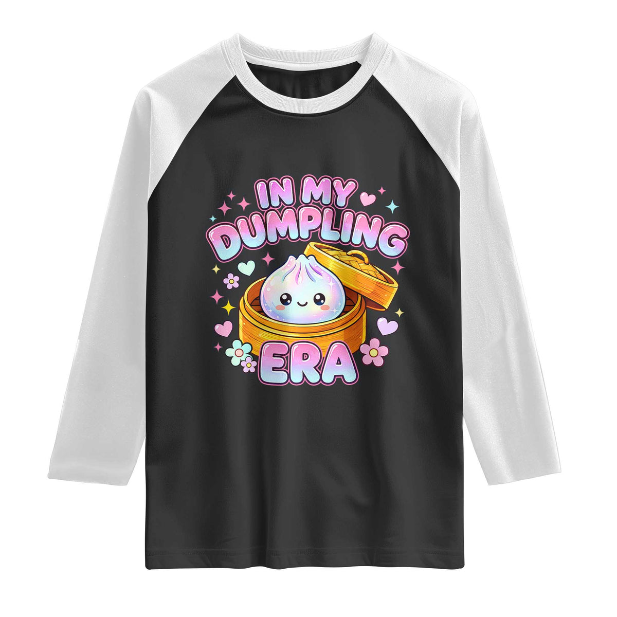 In My Dumpling Era Kawaii Pastel Graphic Raglan Shirt Retro Groovy Glitter Bao Steamer Basket