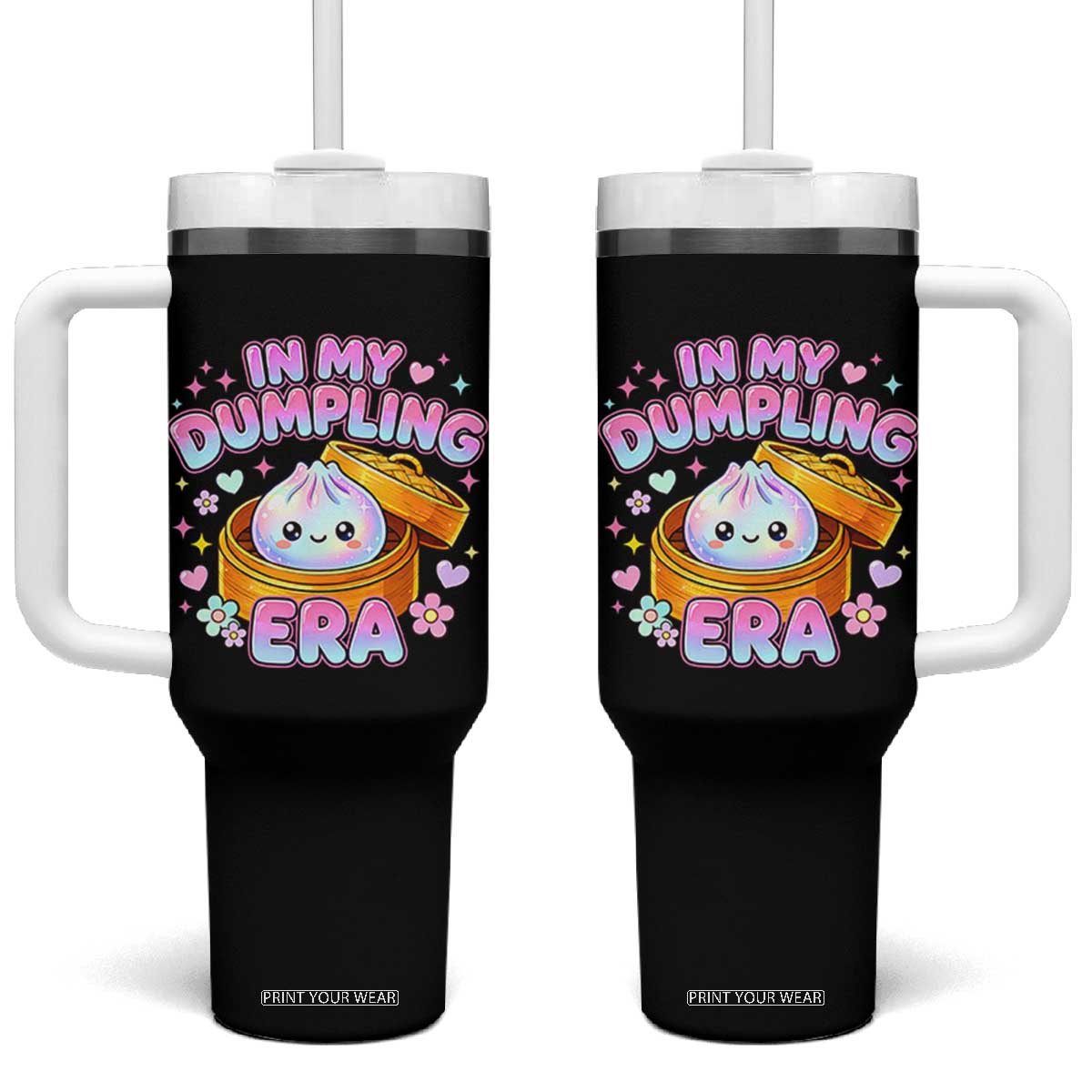 In My Dumpling Era Kawaii Pastel Graphic Tumbler With Handle Retro Groovy Glitter Bao Steamer Basket