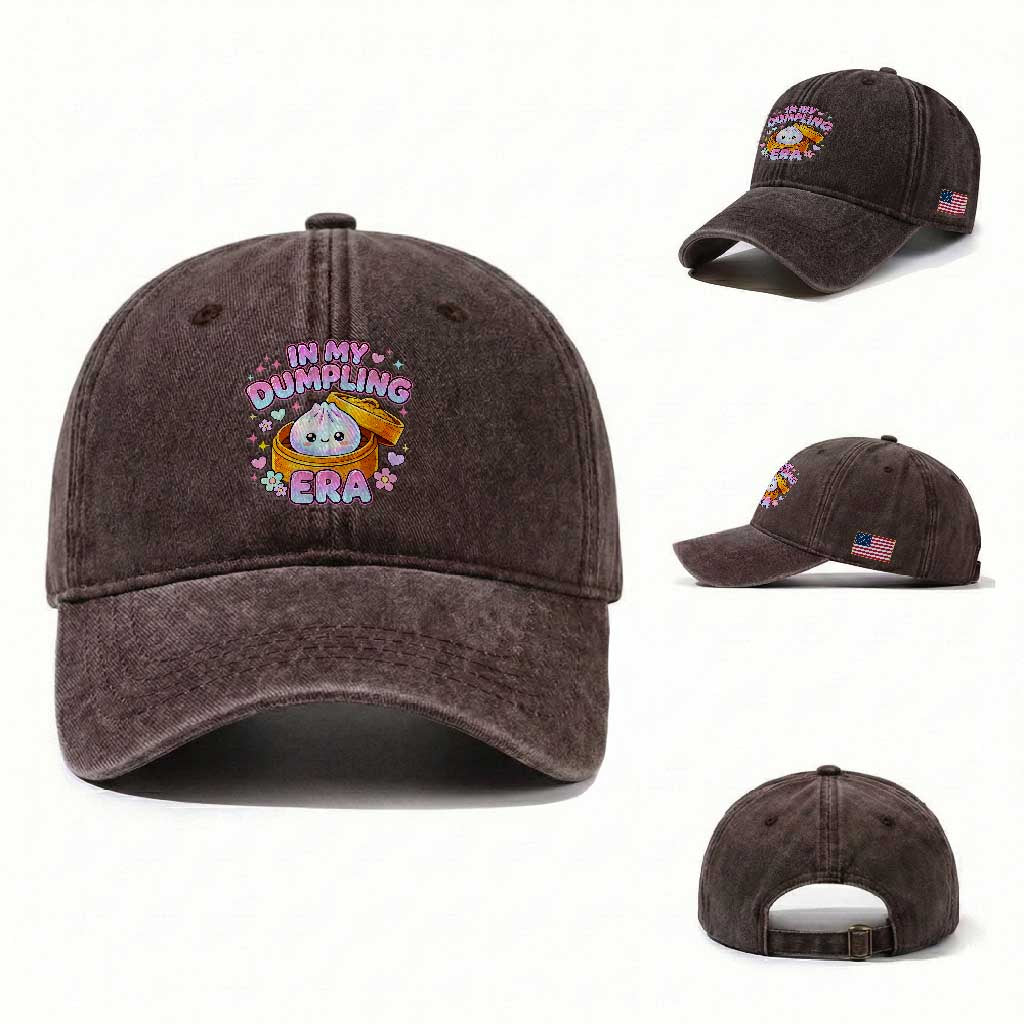 In My Dumpling Era Kawaii Pastel Graphic Washed Cotton Baseball Cap Retro Groovy Glitter Bao Steamer Basket