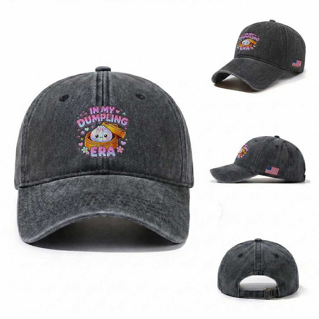 In My Dumpling Era Kawaii Pastel Graphic Washed Cotton Baseball Cap Retro Groovy Glitter Bao Steamer Basket