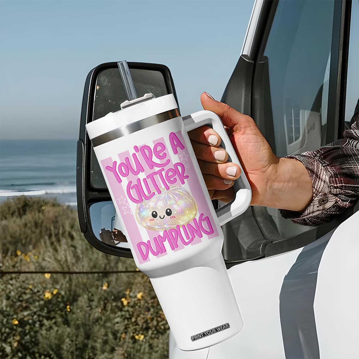 You Are A Glitter Dumpling Cute Preppy Pastel Graphic Tumbler With Handle Kawaii Pastel Pink Striped Food Quote