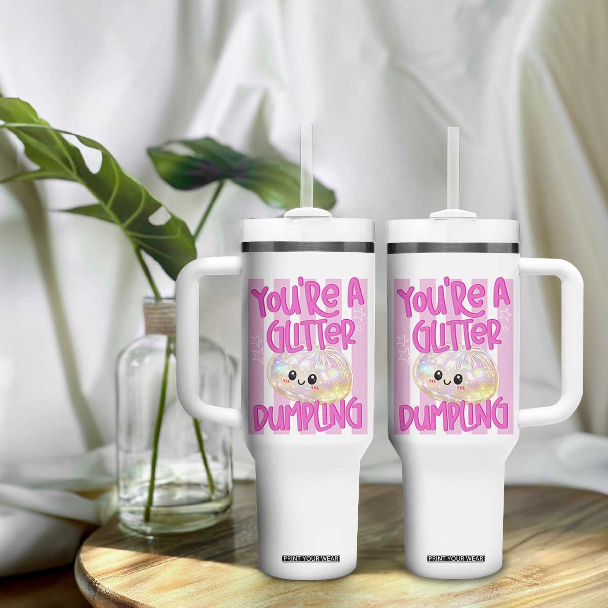 You Are A Glitter Dumpling Cute Preppy Pastel Graphic Tumbler With Handle Kawaii Pastel Pink Striped Food Quote