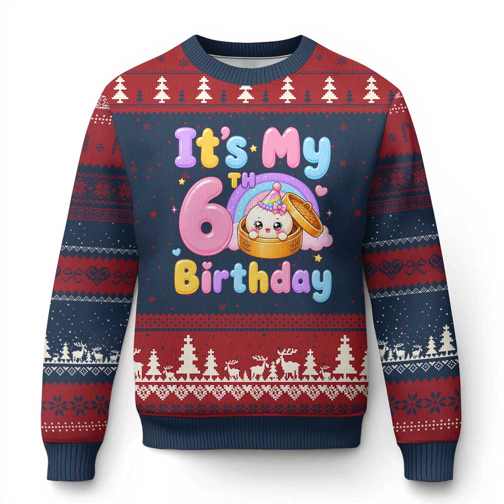 Its My 6th Birthday Kawaii Glitter Dumpling Graphic Ugly Christmas Sweater Cute 6 Years Old Rainbow Bday Girl Party TS02 Navy Red Print Your Wear