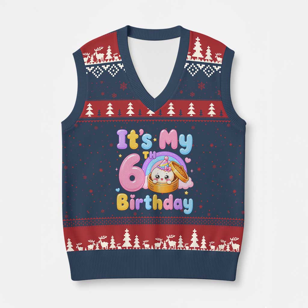Its My 6th Birthday Kawaii Glitter Dumpling Graphic V-Neck Knit Sweater Vest Cute 6 Years Old Rainbow Bday Girl Party