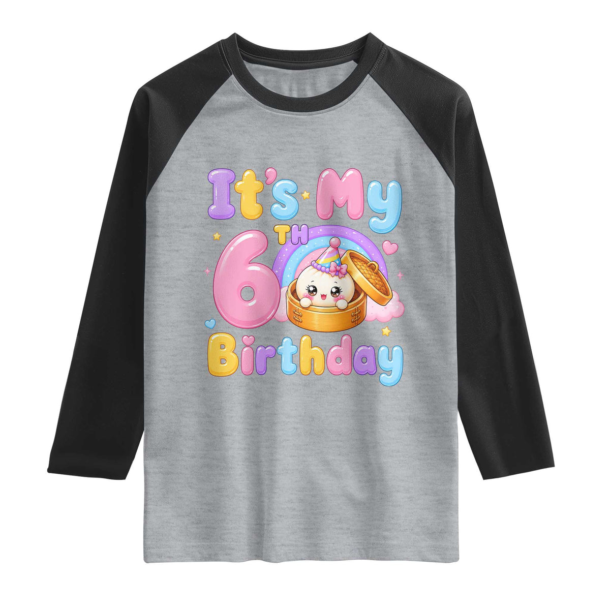 Its My 6th Birthday Kawaii Glitter Dumpling Graphic Raglan Shirt Cute 6 Years Old Rainbow Bday Girl Party