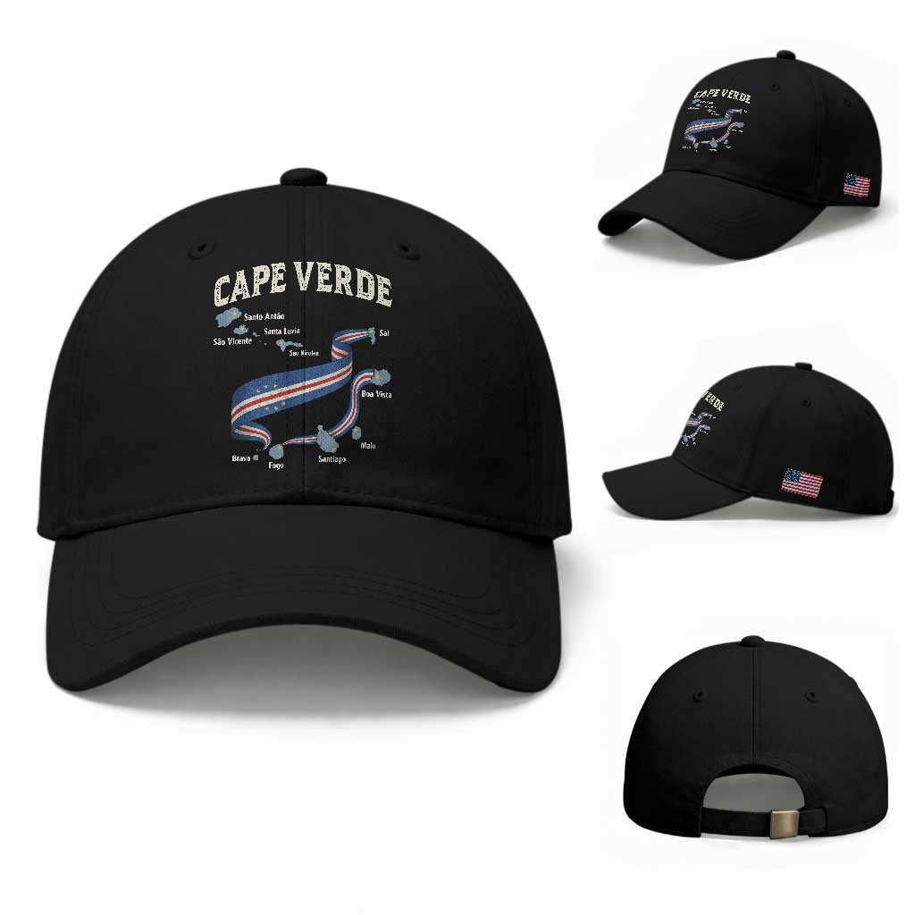 Cape Verde Islands Map National Flag Baseball Cap Cabo Verde Archipelago Geography Pride TS02 Baseball Cap Universal Fit Black Print Your Wear