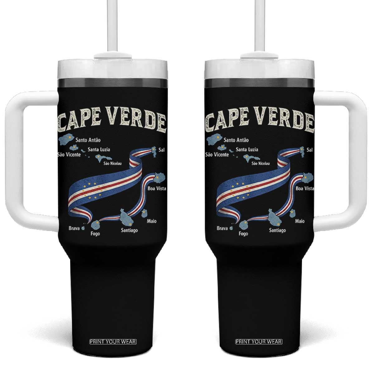 Cape Verde Islands Map National Flag Tumbler With Handle Cabo Verde Archipelago Geography Pride TS02 One Size: 40 oz Black Print Your Wear