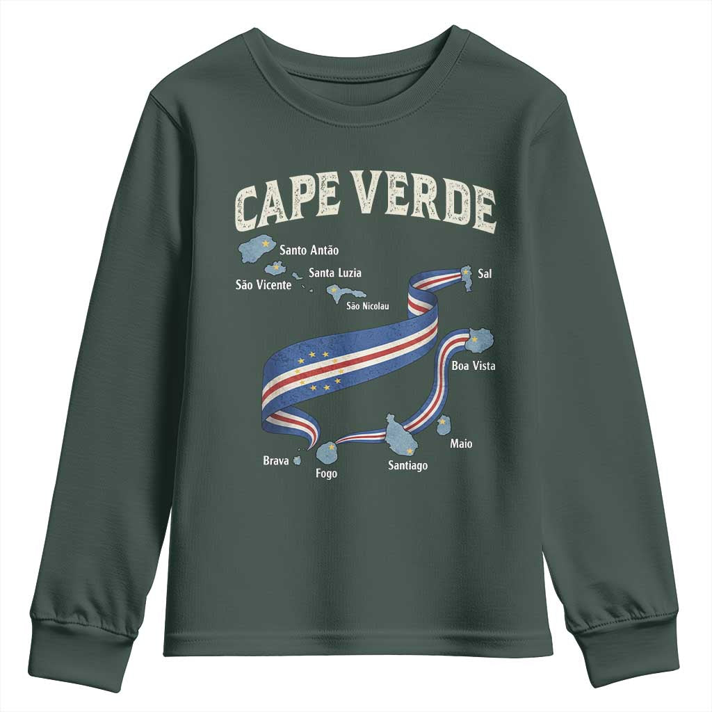 Cape Verde Islands Map National Flag Youth Sweatshirt Cabo Verde Archipelago Geography Pride TS02 Dark Forest Green Print Your Wear