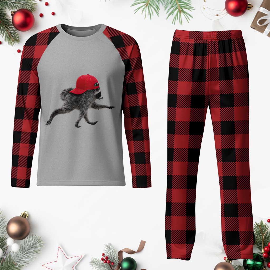 Funny Jimothy Raccoon Wearing Red Cap Graphic Plaid Pajama Set Viral Seattle Trash Panda Feral Legend