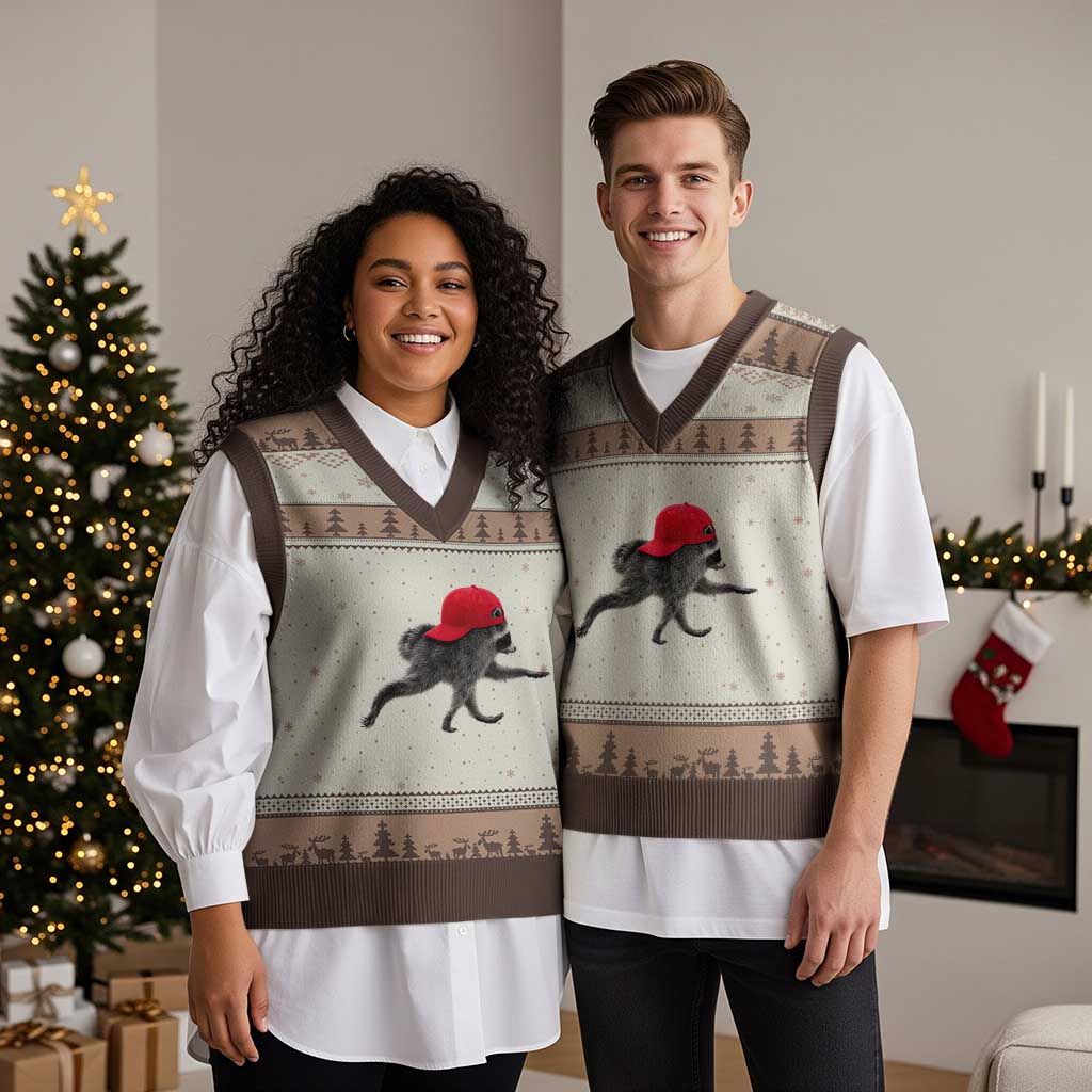 Funny Jimothy Raccoon Wearing Red Cap Graphic V-Neck Knit Sweater Vest Viral Seattle Trash Panda Feral Legend