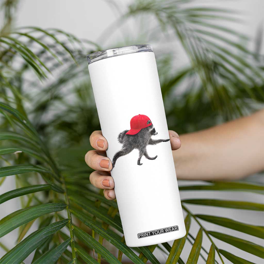 Funny Jimothy Raccoon Wearing Red Cap Graphic Skinny Tumbler Viral Seattle Trash Panda Feral Legend