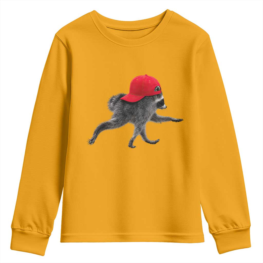 Funny Jimothy Raccoon Wearing Red Cap Graphic Youth Sweatshirt Viral Seattle Trash Panda Feral Legend