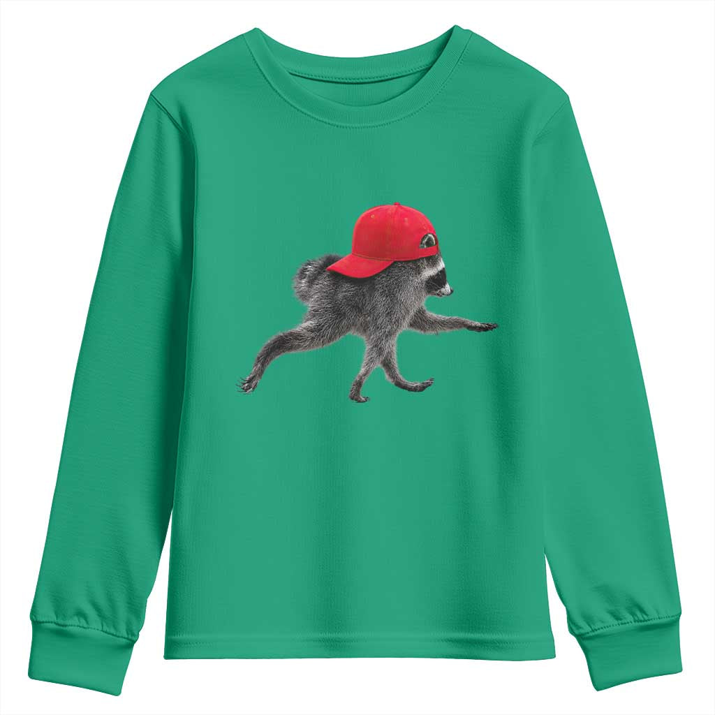 Funny Jimothy Raccoon Wearing Red Cap Graphic Youth Sweatshirt Viral Seattle Trash Panda Feral Legend