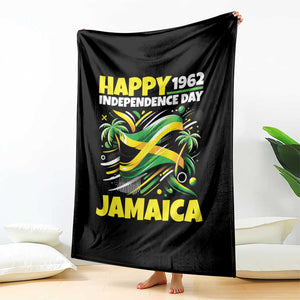 Happy Jamaican Independence Day 1962 Graphic Throw Blanket Jamaica Waving Flag and Palm Trees Caribbean Pride