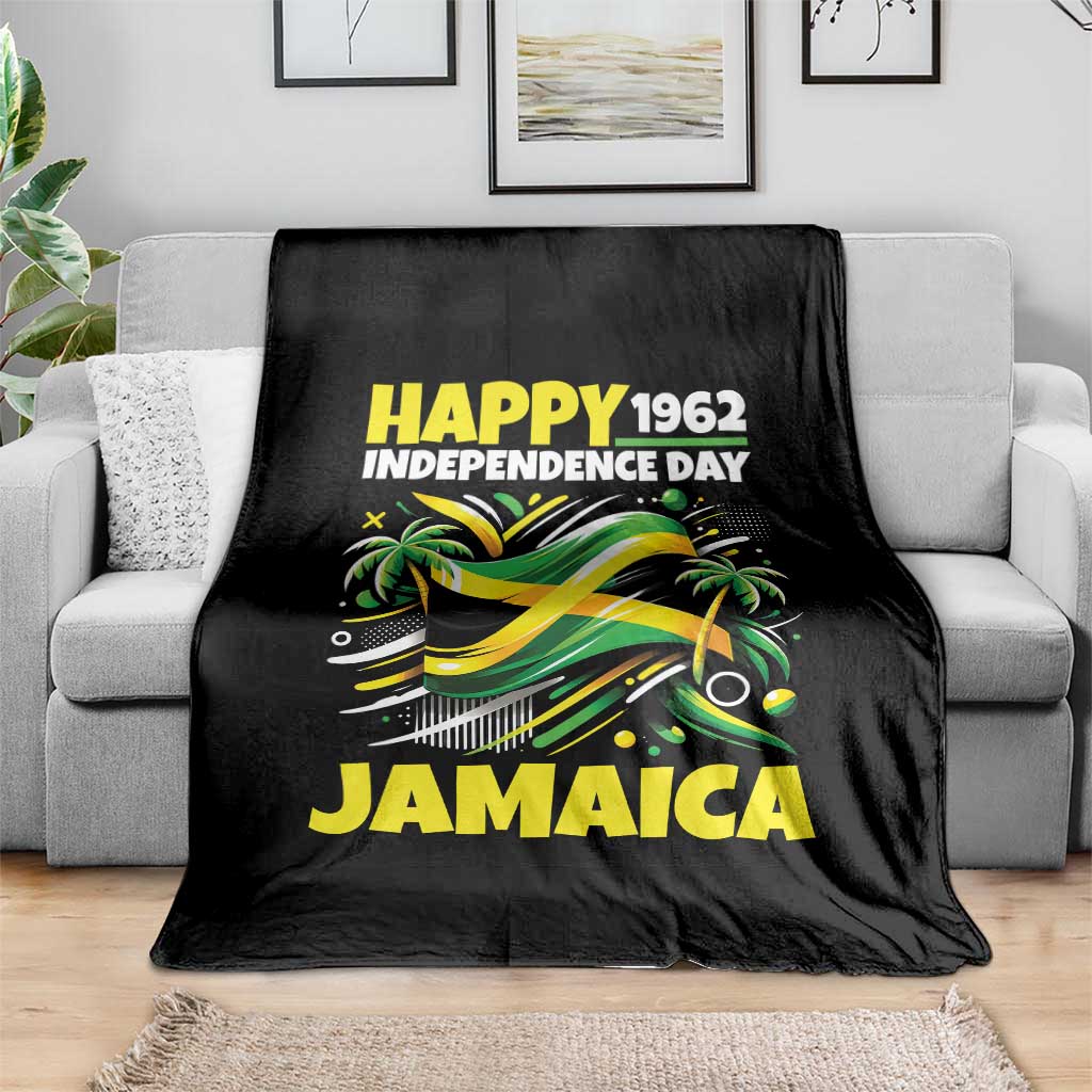 Happy Jamaican Independence Day 1962 Graphic Throw Blanket Jamaica Waving Flag and Palm Trees Caribbean Pride