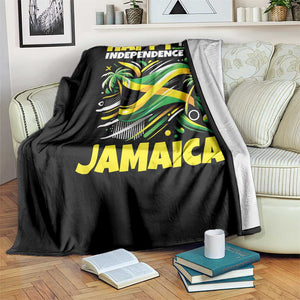 Happy Jamaican Independence Day 1962 Graphic Throw Blanket Jamaica Waving Flag and Palm Trees Caribbean Pride