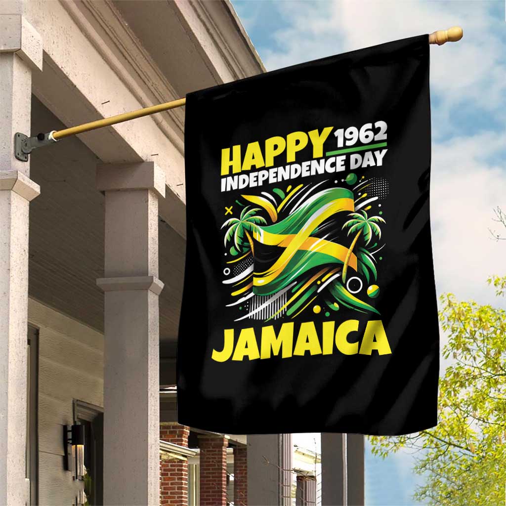 Happy Jamaican Independence Day 1962 Graphic Garden Flag Jamaica Waving Flag and Palm Trees Caribbean Pride