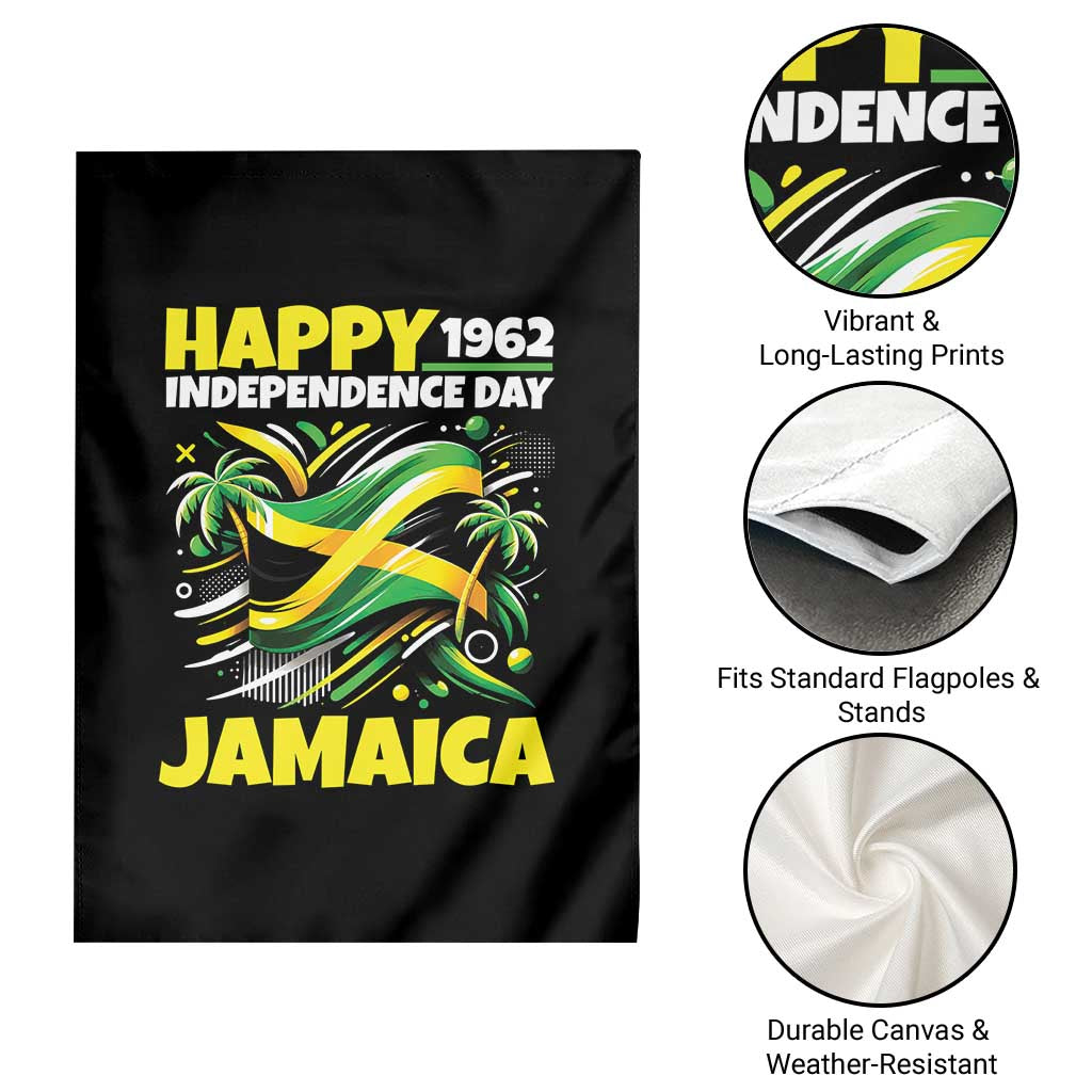 Happy Jamaican Independence Day 1962 Graphic Garden Flag Jamaica Waving Flag and Palm Trees Caribbean Pride