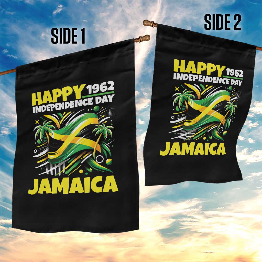 Happy Jamaican Independence Day 1962 Graphic Garden Flag Jamaica Waving Flag and Palm Trees Caribbean Pride