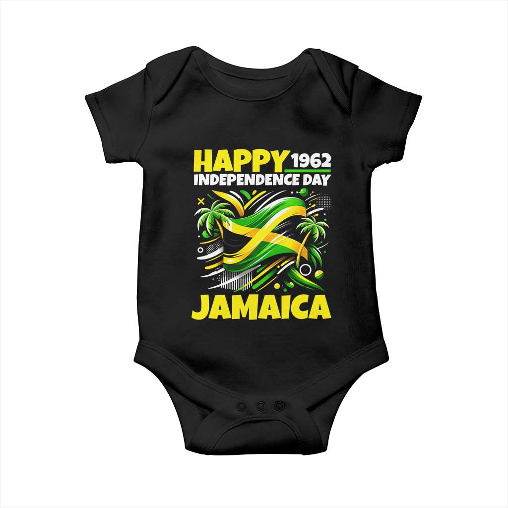 Happy Jamaican Independence Day 1962 Graphic Baby Onesie Jamaica Waving Flag and Palm Trees Caribbean Pride TS02 Black Print Your Wear