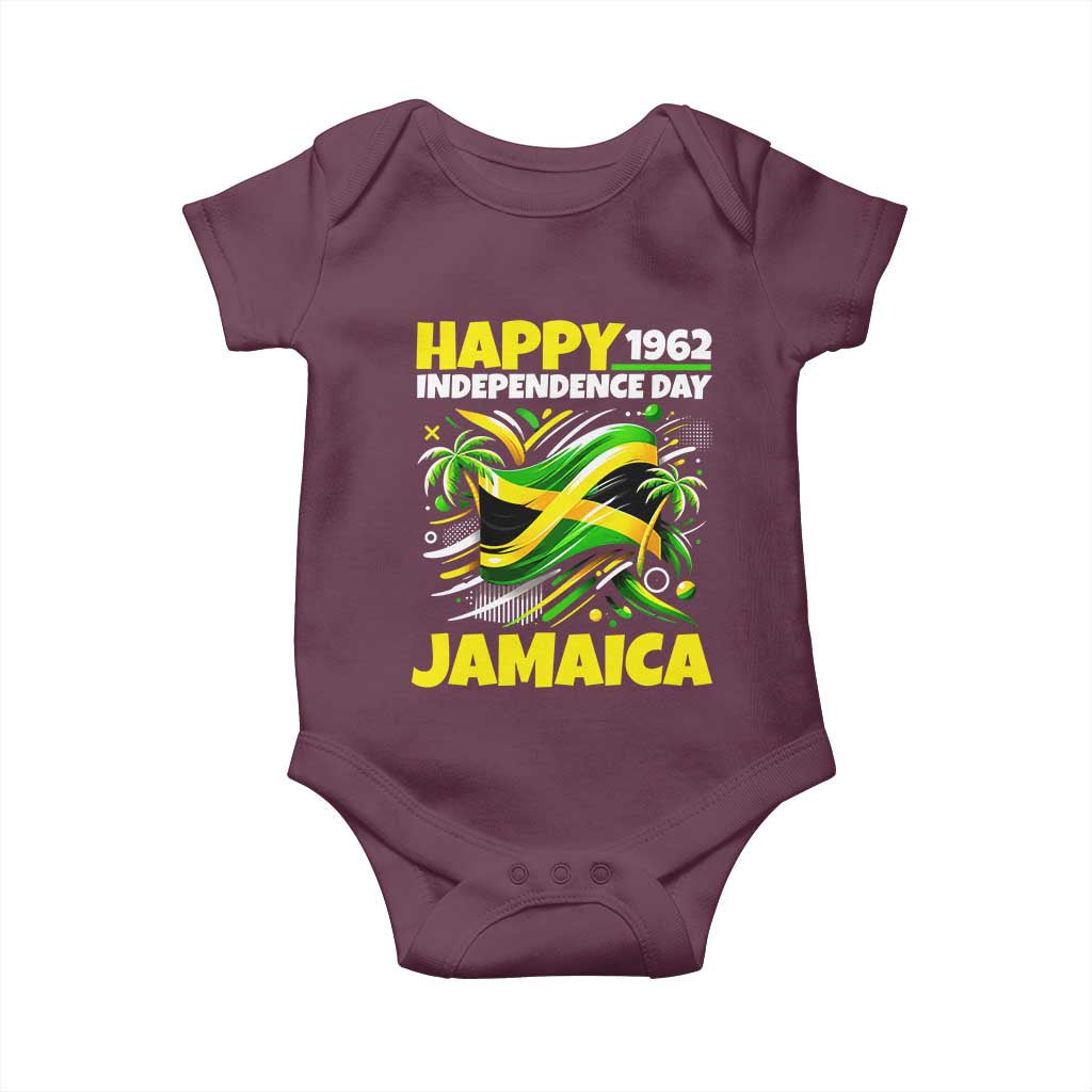Happy Jamaican Independence Day 1962 Graphic Baby Onesie Jamaica Waving Flag and Palm Trees Caribbean Pride