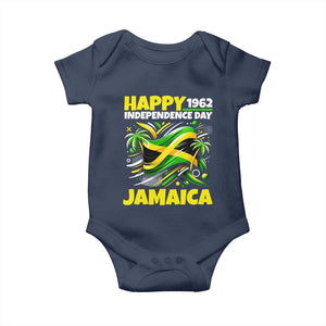 Happy Jamaican Independence Day 1962 Graphic Baby Onesie Jamaica Waving Flag and Palm Trees Caribbean Pride