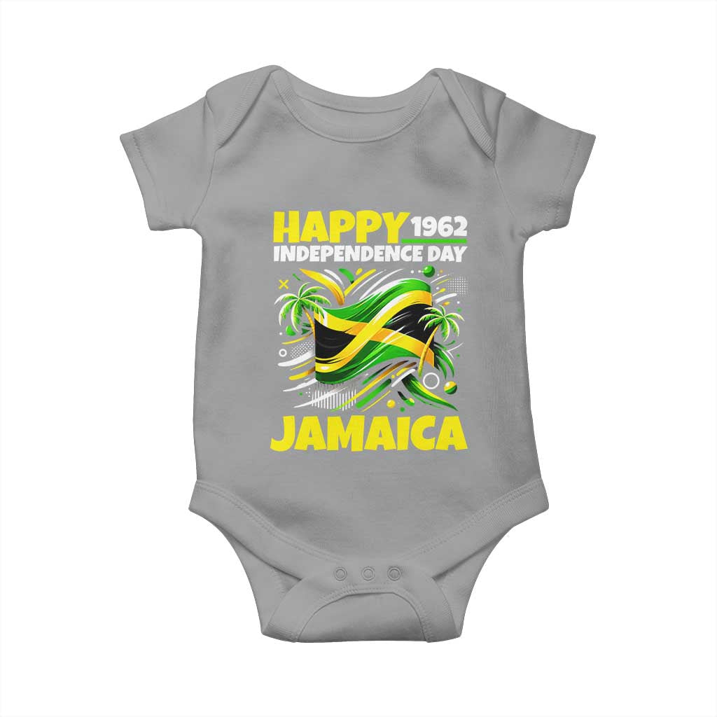 Happy Jamaican Independence Day 1962 Graphic Baby Onesie Jamaica Waving Flag and Palm Trees Caribbean Pride