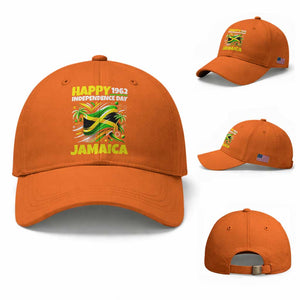 Happy Jamaican Independence Day 1962 Graphic Baseball Cap Jamaica Waving Flag and Palm Trees Caribbean Pride