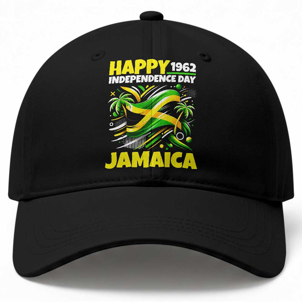 Happy Jamaican Independence Day 1962 Graphic Baseball Cap Jamaica Waving Flag and Palm Trees Caribbean Pride TS02 Print Your Wear