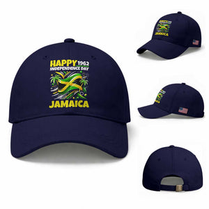 Happy Jamaican Independence Day 1962 Graphic Baseball Cap Jamaica Waving Flag and Palm Trees Caribbean Pride