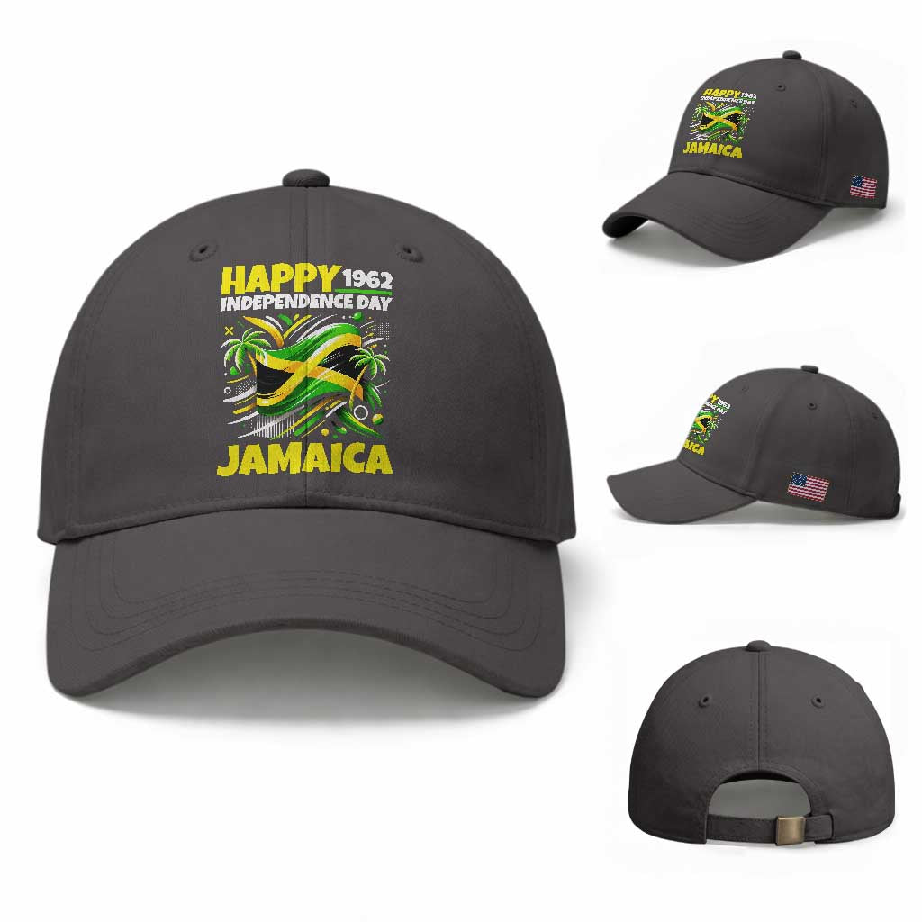 Happy Jamaican Independence Day 1962 Graphic Baseball Cap Jamaica Waving Flag and Palm Trees Caribbean Pride