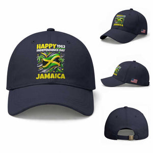 Happy Jamaican Independence Day 1962 Graphic Baseball Cap Jamaica Waving Flag and Palm Trees Caribbean Pride