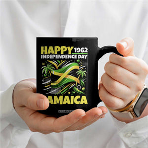 Happy Jamaican Independence Day 1962 Graphic Coffee Mug Jamaica Waving Flag and Palm Trees Caribbean Pride