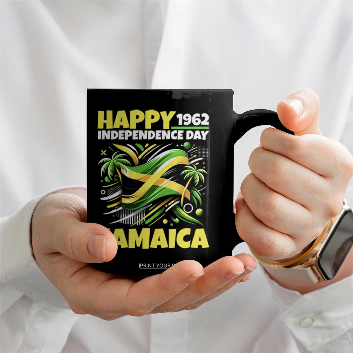 Happy Jamaican Independence Day 1962 Graphic Coffee Mug Jamaica Waving Flag and Palm Trees Caribbean Pride
