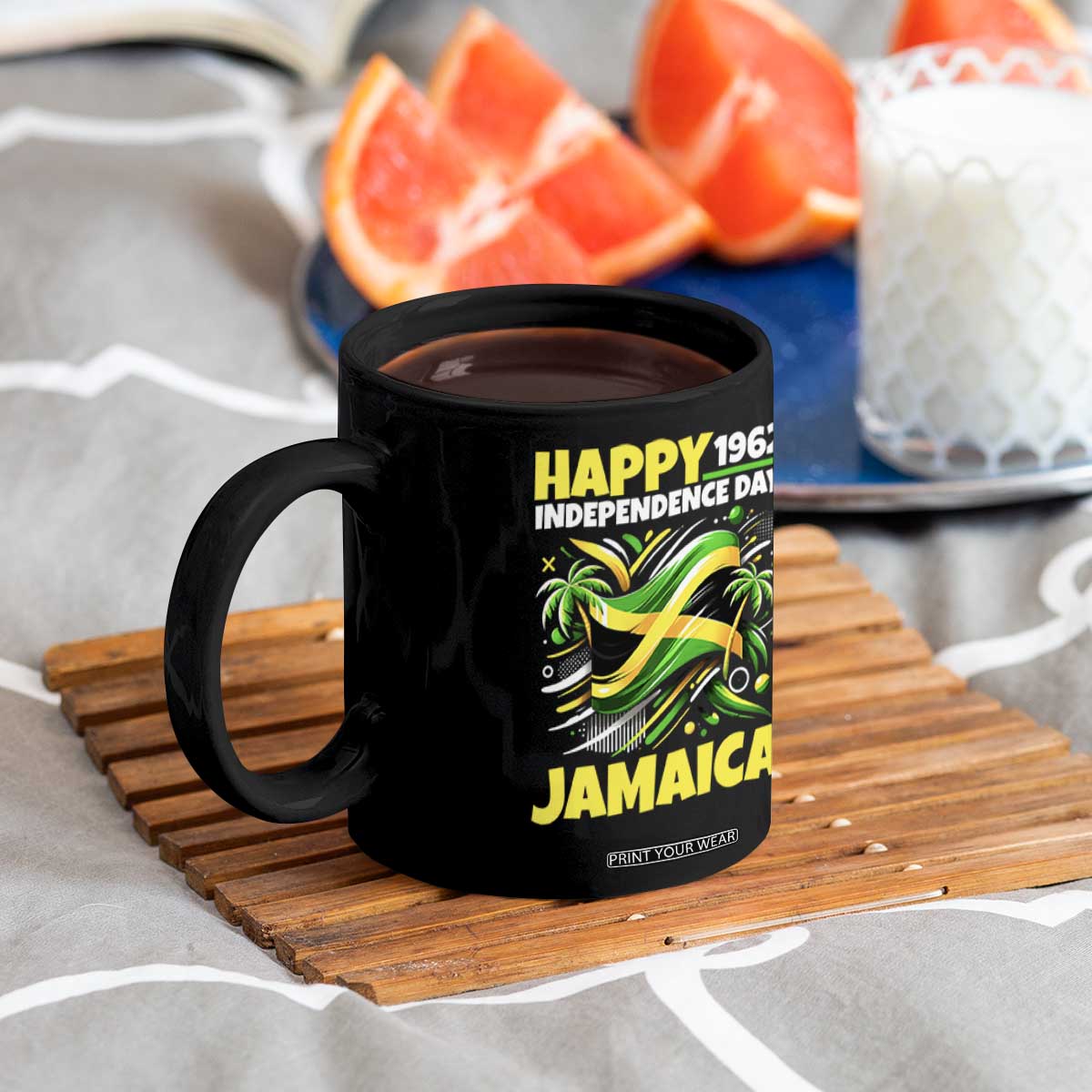 Happy Jamaican Independence Day 1962 Graphic Coffee Mug Jamaica Waving Flag and Palm Trees Caribbean Pride