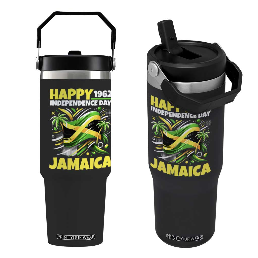 Happy Jamaican Independence Day 1962 Graphic Flip Straw Tumbler Jamaica Waving Flag and Palm Trees Caribbean Pride