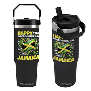 Happy Jamaican Independence Day 1962 Graphic Flip Straw Tumbler Jamaica Waving Flag and Palm Trees Caribbean Pride