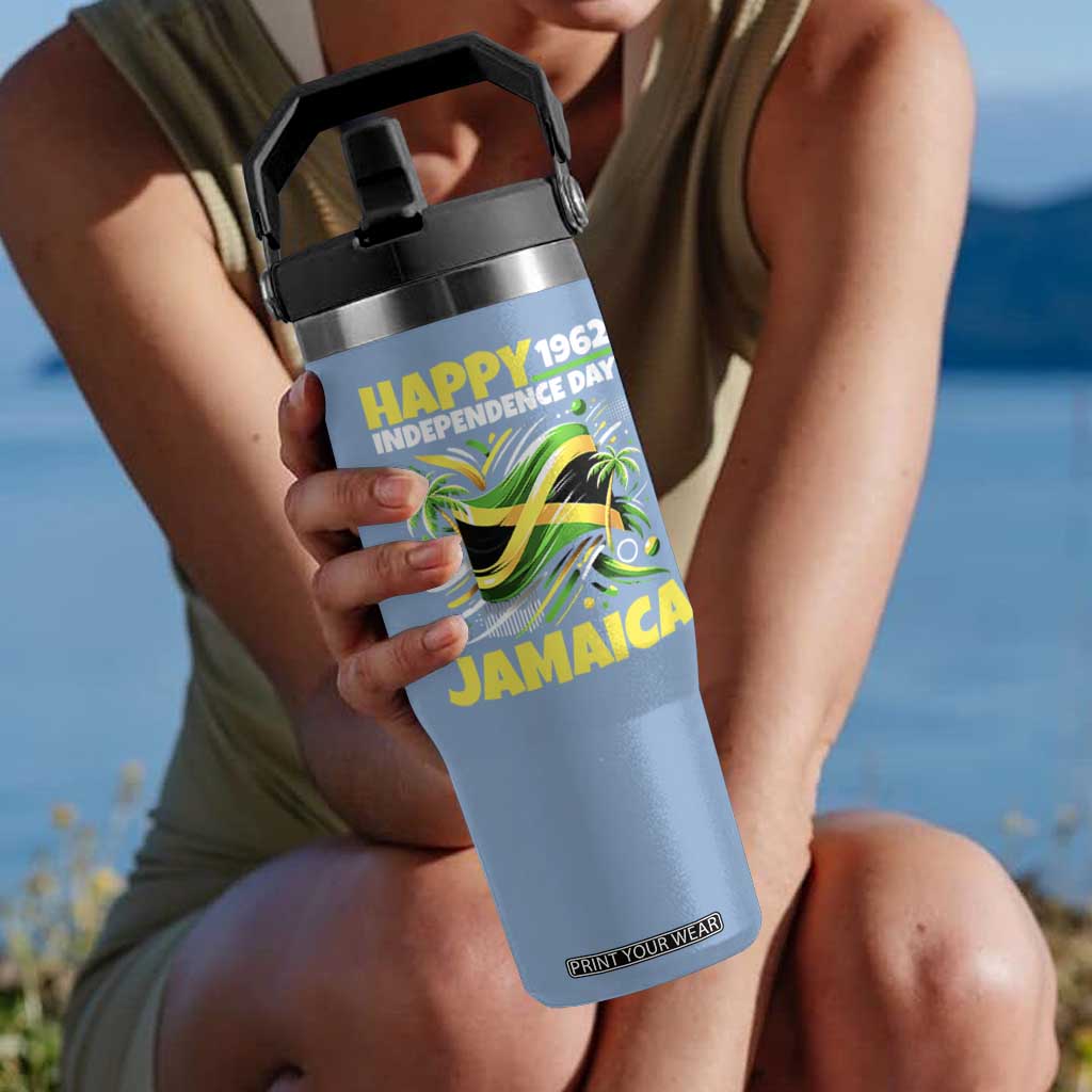 Happy Jamaican Independence Day 1962 Graphic Flip Straw Tumbler Jamaica Waving Flag and Palm Trees Caribbean Pride