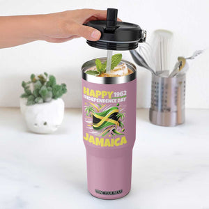 Happy Jamaican Independence Day 1962 Graphic Flip Straw Tumbler Jamaica Waving Flag and Palm Trees Caribbean Pride